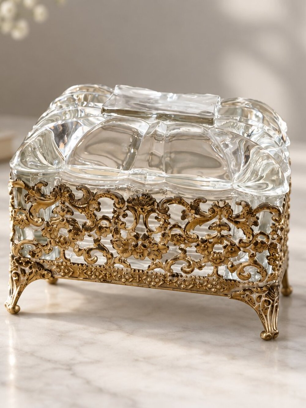 Vintage Hollywood Glass Trinket Box with Gold Filigree - 1960s